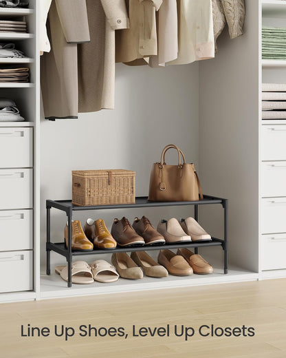 SONGMICS Shoe Rack, 2-Tier Shoe Storage Organizer, Space-Saving, 11.7 x 16.5 x 12.2 Inches, Entryway, Metal Frame, Non-Woven Fabric Shelves, Ink Black ULSH012BH01
