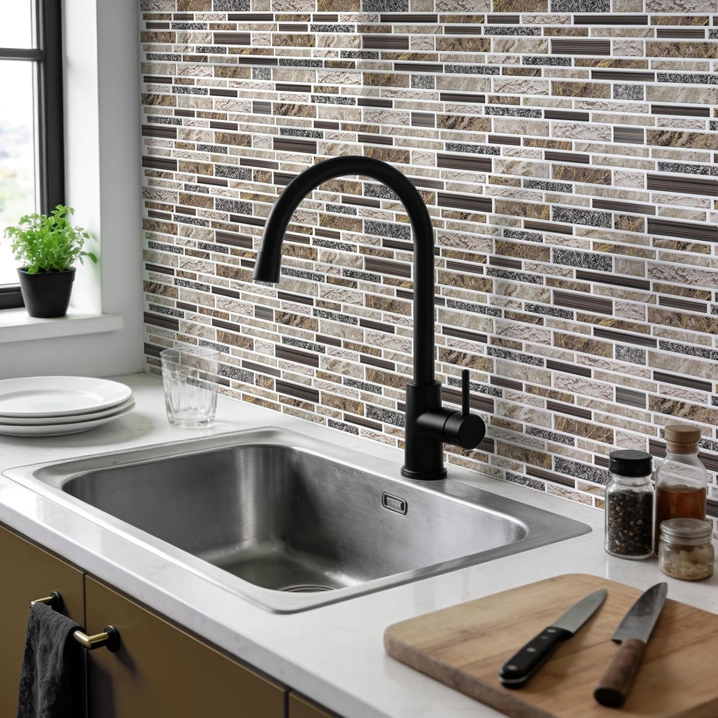 Vieshful 10 Sheet Peel and Stick Backsplash for Kitchen Wall - 12"x12" Smooth PVC 3D Visual Effect Marble Tile Stickers, Waterproof Self Adhesive Light Khaki Wall Tiles for Bathroom, Renter Friendly