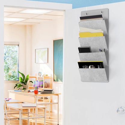 Simple Houseware Over the Door Hanging Wall File Organizer, 4 Pocket File Holder with 13" Width for Office Supplies Storage, Grey