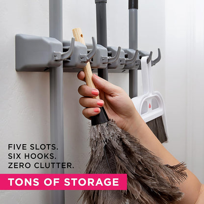 Broom Holder Wall Mount, Mop and Broom Organizer – Wall Mounted Broom Rack & Mop Rack, Rack for Brooms and Mops | Broom Hanger Wall Mount with 5 Slots & 6 Hooks, Kitchen Garage Laundry Garden