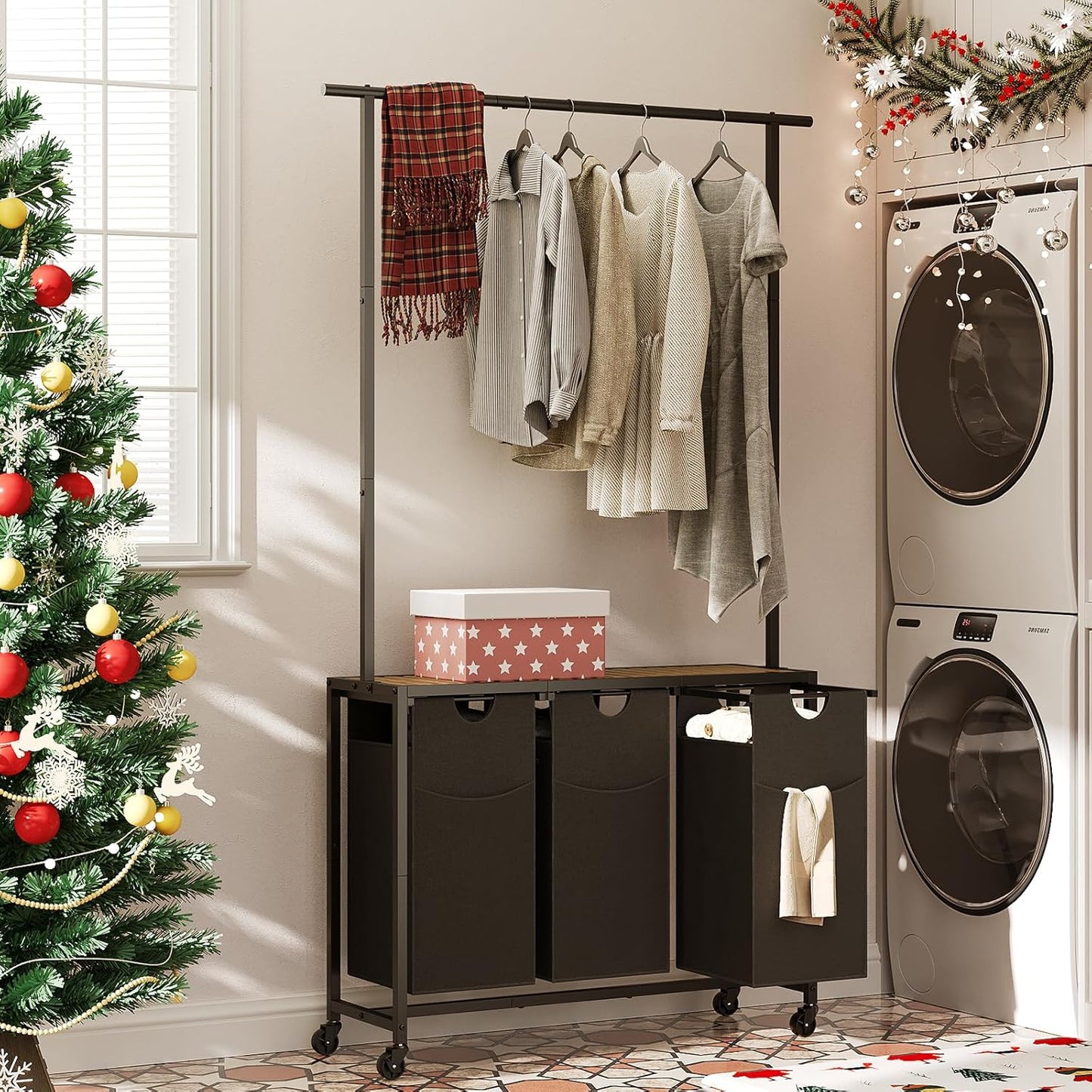 YATINEY Laundry Sorter 4 Section, Rolling Laundry Hamper with Hanging Rack, Laundry Sorter with Wheels, Hampers for Laundry, Laundry Basket Organizer for Laundry Room, Rustic Brown LS47BR