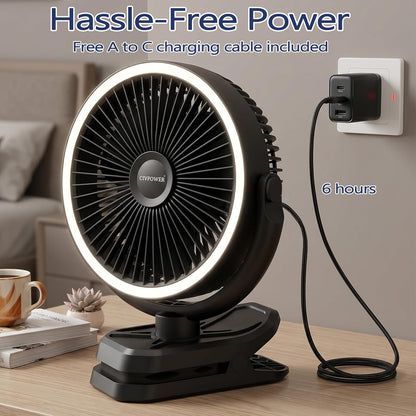 Clip on Fan 16000mAh: Portable Rechargeable Clamp Fan for Stroller Bed Camping Tent Golf Cart - Quiet Battery Operated with 3 Speed Strong Airflow LED Light Hook for Office Desk Outdoor (Black)