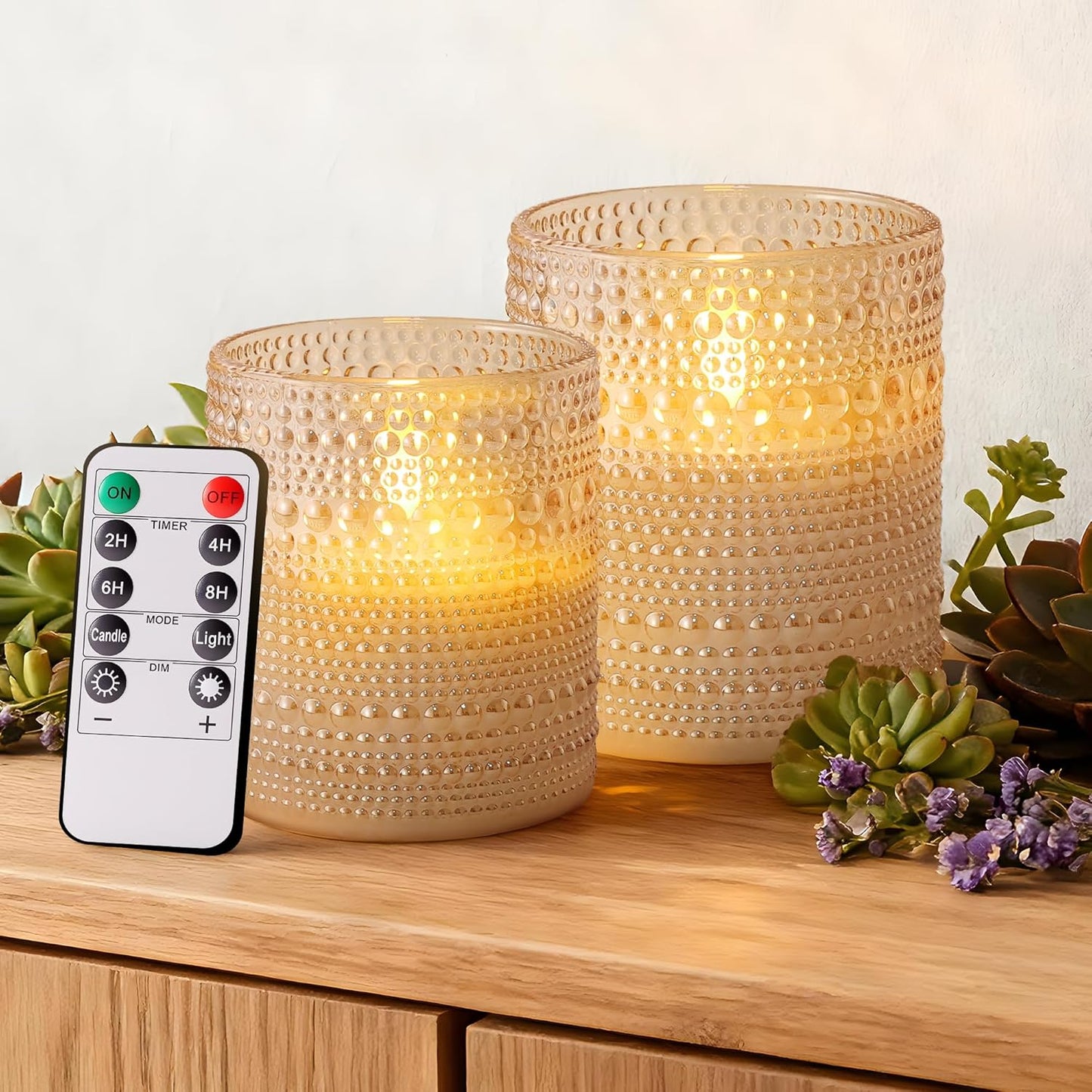 Dotted Glass Flameless Candles with Remote Timer, Real Wax Battery Operated LED Pillar Candles with 3D Flickering Flame for Festival Wedding Home Party Decor, 3" x 4", 4" x 5", Set of 2 (White)