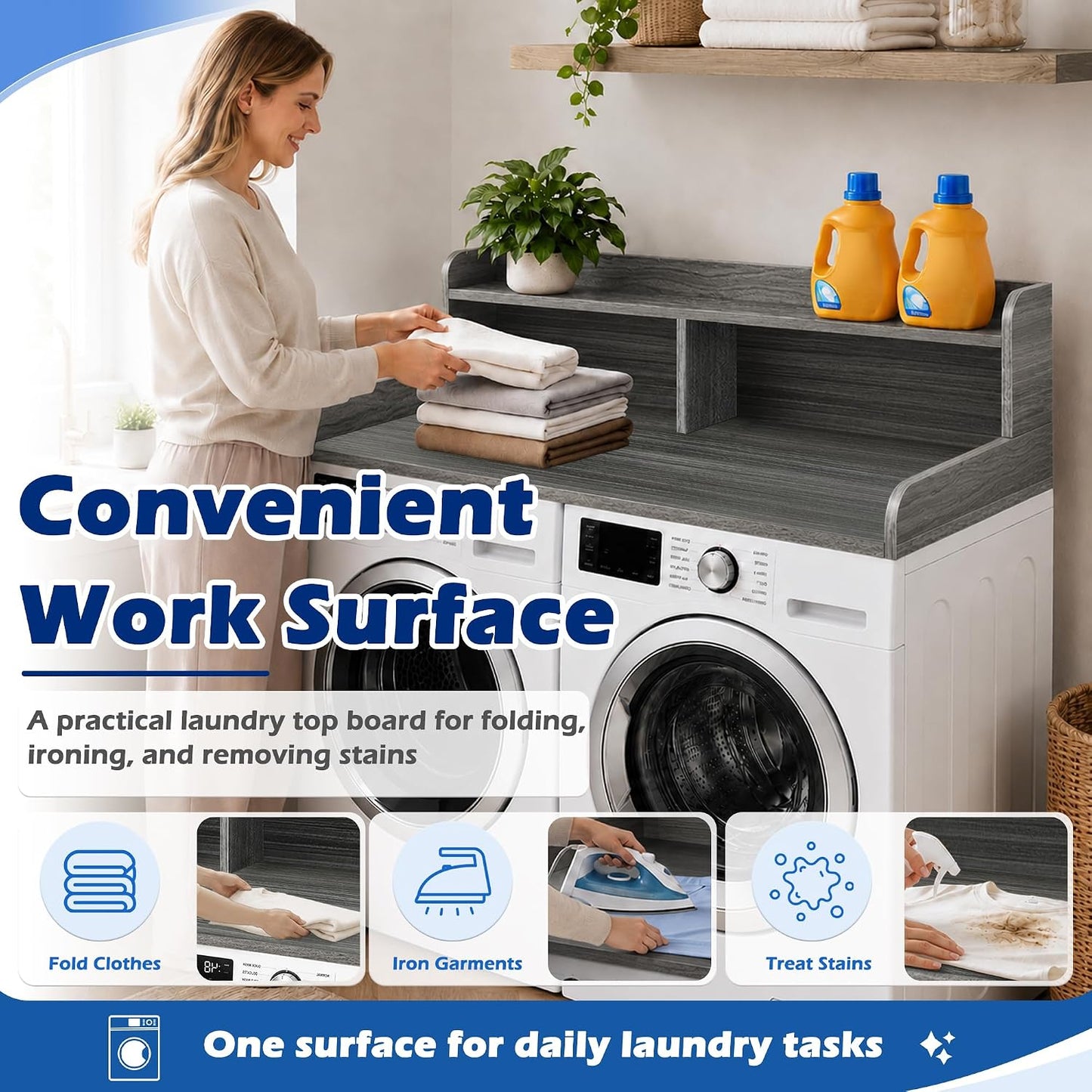 Royxen Laundry Countertop with Storage Universal Fit, Washer and Dryer Countertop with Shelf, Laundry Room Storage, 2-Tier Shelf (Walnut)