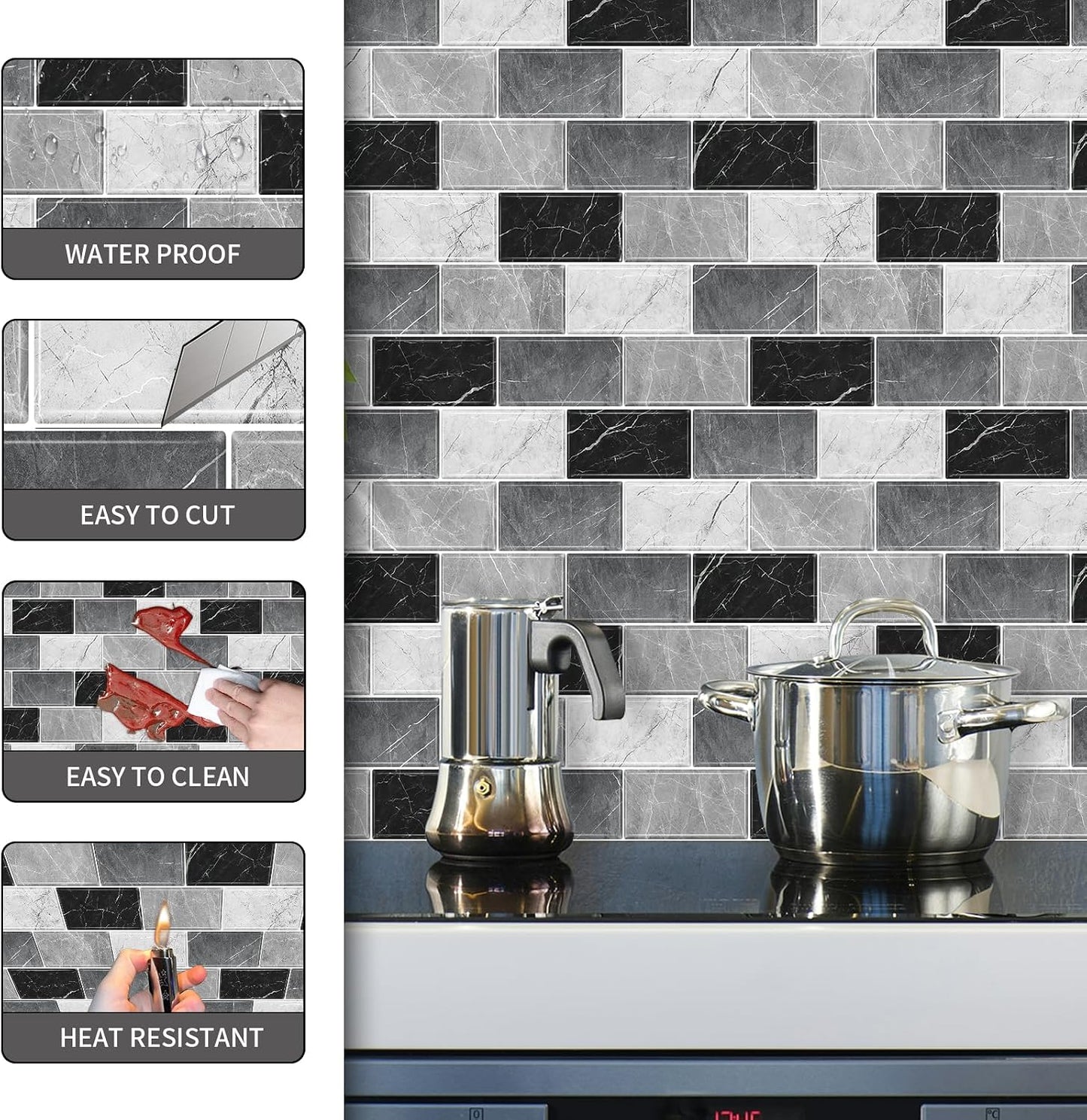 10 Sheets Peel and Stick Backsplash for Kitchen 12"X12" Renter Friendly Backsplash Back Splash Adhesive Subway Wall Tile Flat Vinyl Sticker for Bathroom Grey Marble (Not 3D Tile)