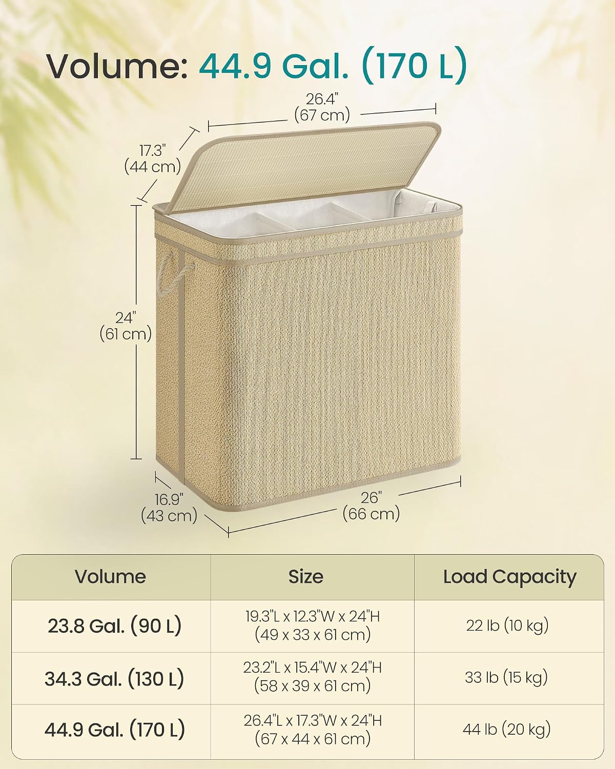 SONGMICS 3-Section Laundry Hamper With Lid, 44.9 Gal (170 L) Large Laundry Basket With 3 Removable Machine Washable Fabric Bag, Bamboo Clothes Hamper, Handles, for Bathroom, Natural Color ULCB069Y01