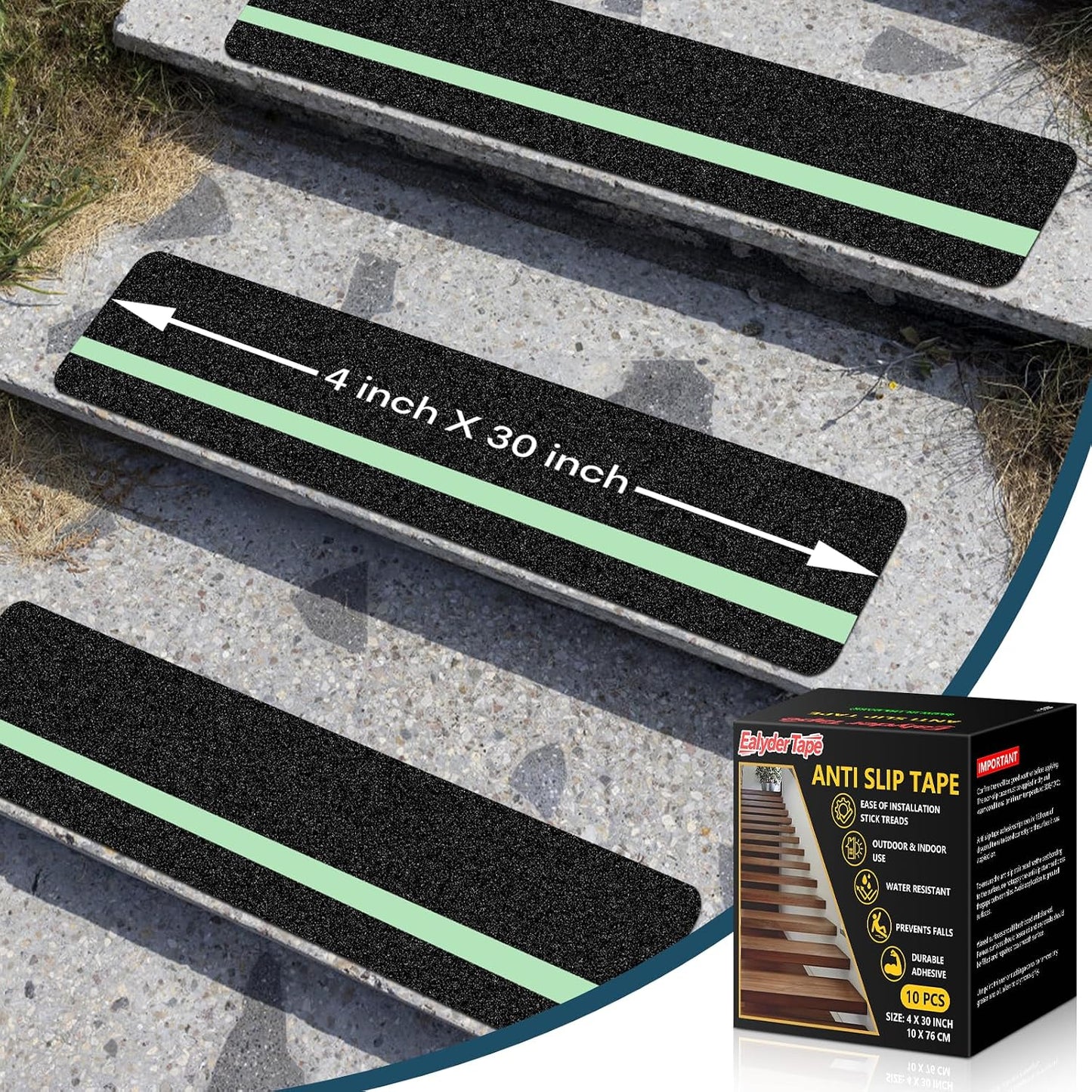 10 Pack 6” x 30” Anti Slip Traction Treads with Glow in The Dark Stripe, Outdoor Waterproof Non Skid Pre-Cut Tape with Roller, High Traction Friction Abrasive Adhesive for Stairs Step