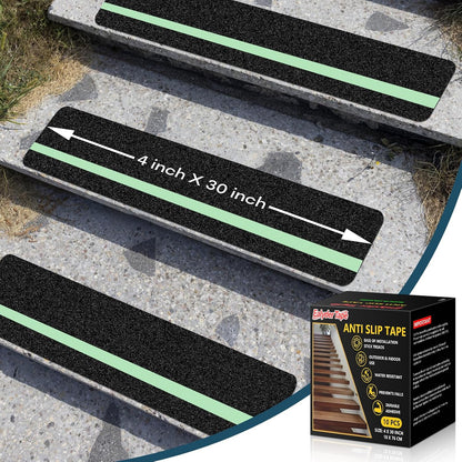 10 Pack 6” x 30” Anti Slip Traction Treads with Glow in The Dark Stripe, Outdoor Waterproof Non Skid Pre-Cut Tape with Roller, High Traction Friction Abrasive Adhesive for Stairs Step