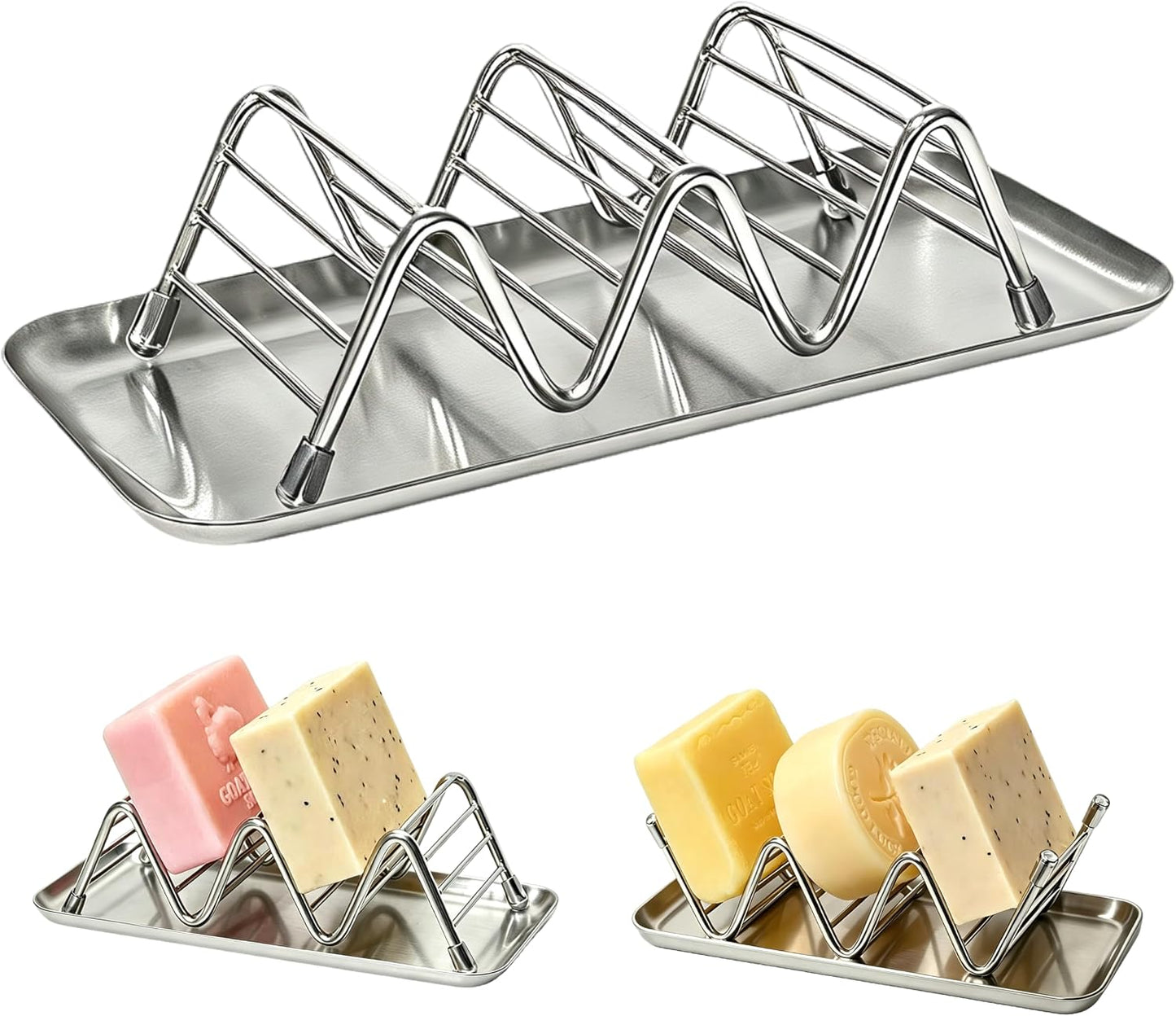 304 Stainless Steel Wavy Soap Dish, Self Draining Shampoo Bar Holder with Removable Drip Tray, Rustproof Quick Dry Bar Soap Organizer for Shower Bathroom Kitchen, Holds 2-3 Bars, 1 Pack