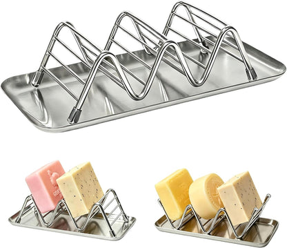 304 Stainless Steel Wavy Soap Dish, Self Draining Shampoo Bar Holder with Removable Drip Tray, Rustproof Quick Dry Bar Soap Organizer for Shower Bathroom Kitchen, Holds 2-3 Bars, 1 Pack