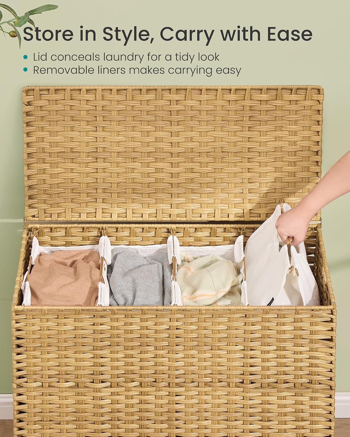 SONGMICS 3-Section Laundry Hamper with Lid, 42.2 Gal (160L) PE Rattan Laundry Basket with Removable Washable Liners, for Bedroom & Living Room, Chestnut Brown ULCB223ME01