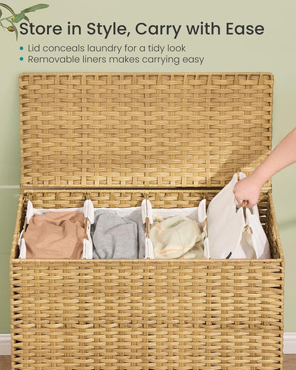 SONGMICS 3-Section Laundry Hamper with Lid, 42.2 Gal (160L) PE Rattan Laundry Basket with Removable Washable Liners, for Bedroom & Living Room, Chestnut Brown ULCB223ME01