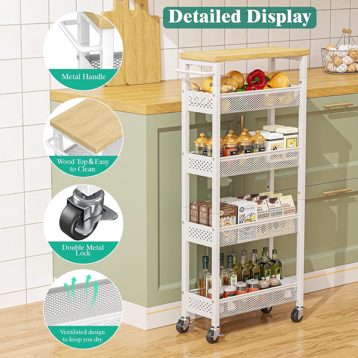Giwil Slim Storage Cart 5 Tier Narrow Kitchen Rolling Cart on Wheels for Small Space, Metal Utility Cart Narrow Bathroom Storage Cabinet Mobile Shelf Unit Organizer with Wood Top and Handle, Black