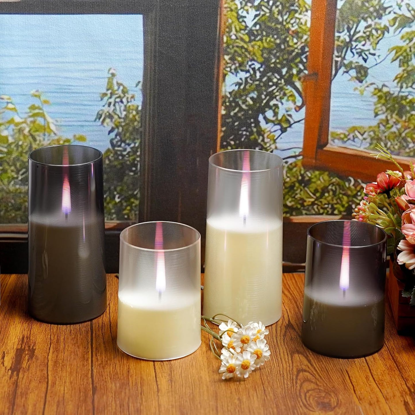 kakoya Flameless Candles Upgraded Realistic Flickering Flame,Battery Operated LED Candles with Remote Timers,Acrylic Electric Candles Set of 3(D 3" xH 4" 5" 6")（Grey）