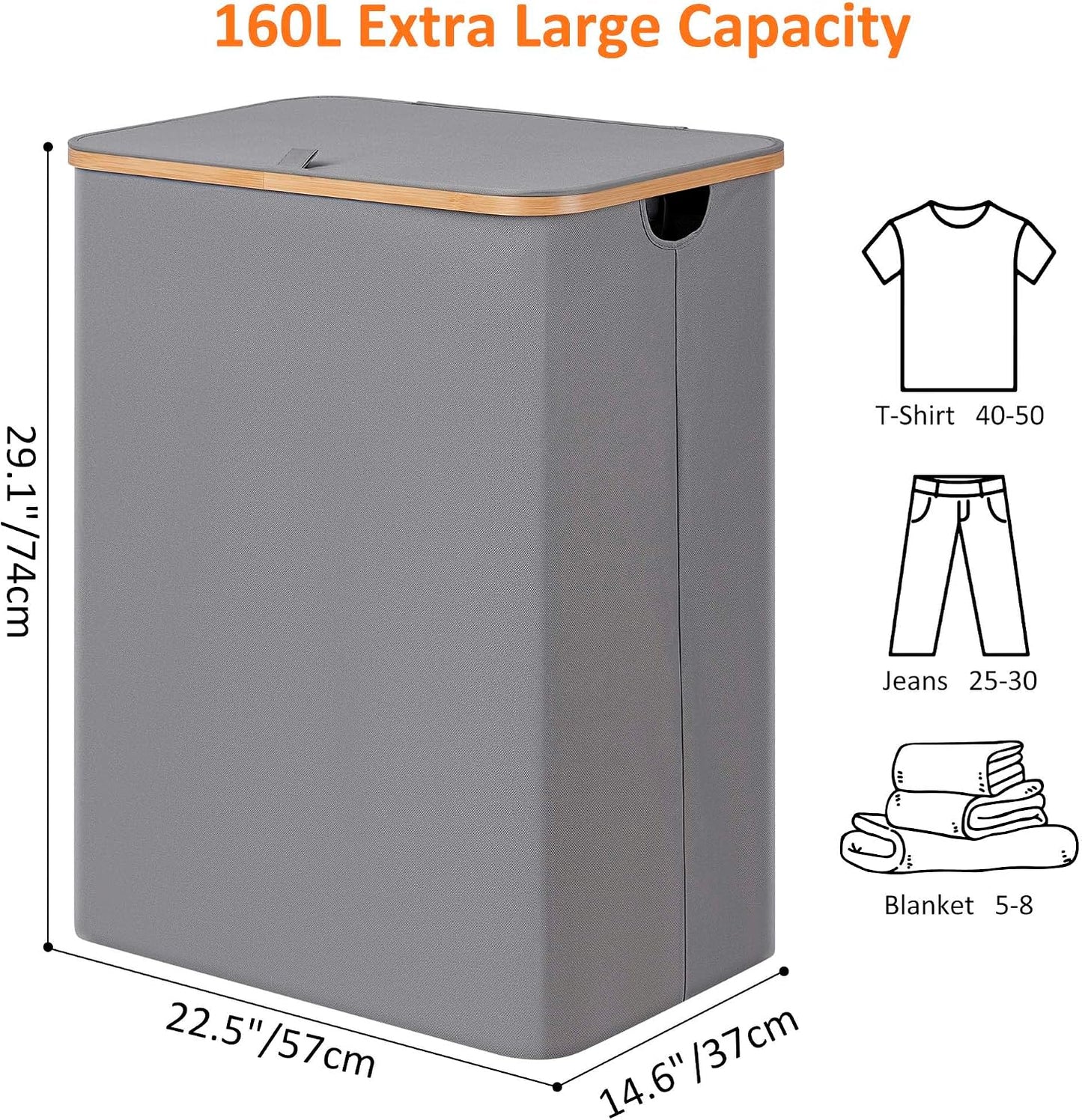 efluky Laundry Hamper with Lid, Trio Laundry Basket with 2 Removable Bags, 3 Section Laundry Bin with Bamboo Handles for Bathroom, Bedroom & Laundry Room, 160L (42.3 Gallon) Beige