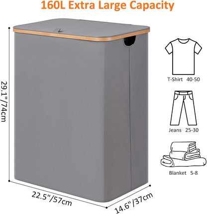 efluky Laundry Hamper with Lid, Trio Laundry Basket with 2 Removable Bags, 3 Section Laundry Bin with Bamboo Handles for Bathroom, Bedroom & Laundry Room, 160L (42.3 Gallon) Beige
