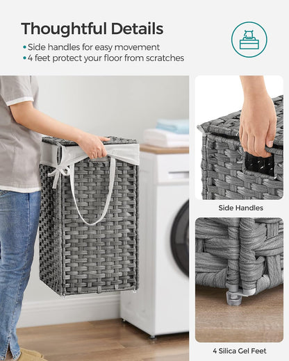 SONGMICS Laundry Hamper with Lid, 23.8 Gallon (90 L) Synthetic Rattan Clothes Laundry Basket with Lid and Handles, Foldable, Removable Liner, Chestnut Brown ULCB051K02