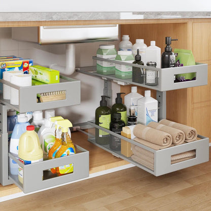 Under Sink Organizer, 2-Tier Dual Pull Out Cabinet Organizer Drawers With Smooth Circular Rail, Large Capacity Metal Mesh Sliding Shelves For Bathroom& Kitchen Storage,Height Adjustable–White,2 Packs