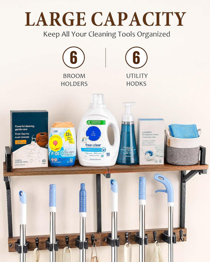 Lorbro Broom Holder Wall Mount with Cleaning Supplies Storage, Heavy Duty Broom and Mop Organizer Wall Hanging, Wooden Mop Organizer Hanger, 3 in 1 Storage Shelves for Laundry Room, Garage, Closet