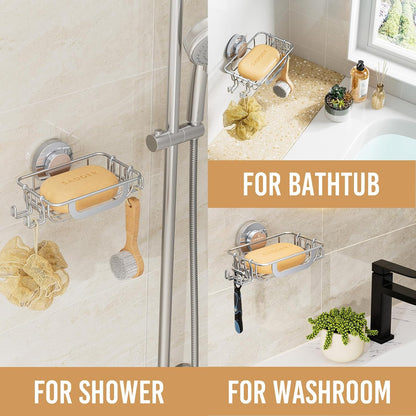LEVERLOC Bar Soap Holder for Shower with Hooks, Suction Cup Soap Dish Rustproof Stainless Steel for Bathroom Accessories, Sponge Saver Black