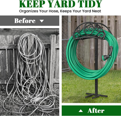 Sunvigor Garden Hose Holder, Heavy Duty Metal Hose Stand with 4 Spikes, Holds Up to 150FT Hose, No Drill Freestanding Hose Reel Alternative for Yard Lawn Outdoor