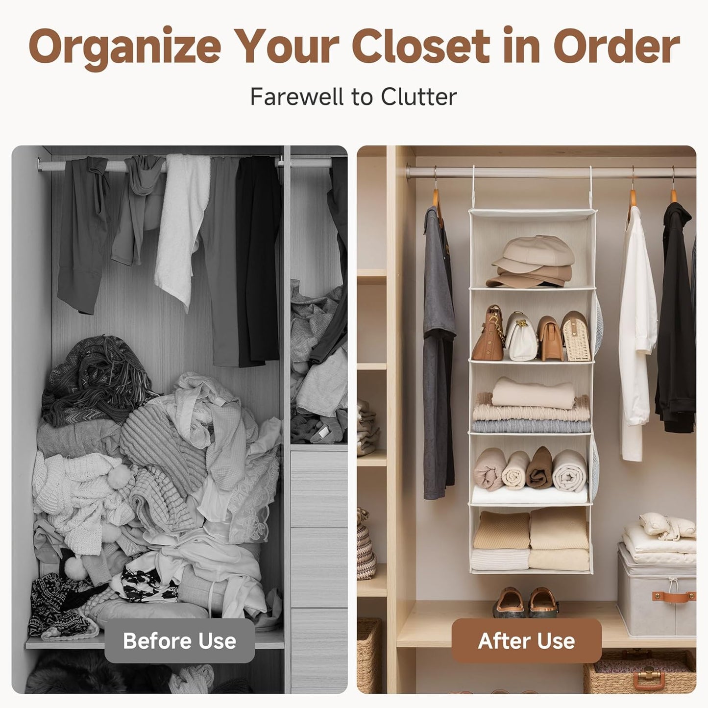 StorageWorks 6-Shelf Hanging Closet Organizer, Hanging Shelves for Closet, Fabric, Mixing of Beige, White & Ivory, 12" D x 12" W x 47 1⁄2" H