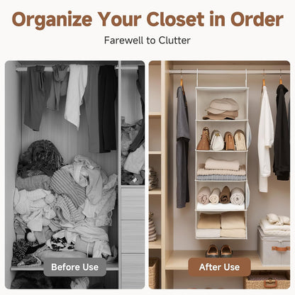 StorageWorks 6-Shelf Hanging Closet Organizer, Hanging Shelves for Closet, Fabric, Mixing of Beige, White & Ivory, 12" D x 12" W x 47 1⁄2" H