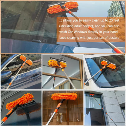 20+ Feet High Reach Dusting Kit with 3-14 ft Extension Pole //2 in 1 Window Cleaning Kit // High Ceiling Duster // Cobweb Microfiber Duster // Outdoor & Indoor Extendable Duster Cleaning Kit