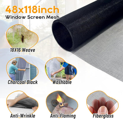 King&Charles Window Screen Door Repair/Replacement Kit, Include Black Screen Mesh 48"x118"+ 2 Roller+50Ft Spline+8Clips+Hook, 6 in 1 Window Mesh Kit, Steel/Nylon Bearing Roller
