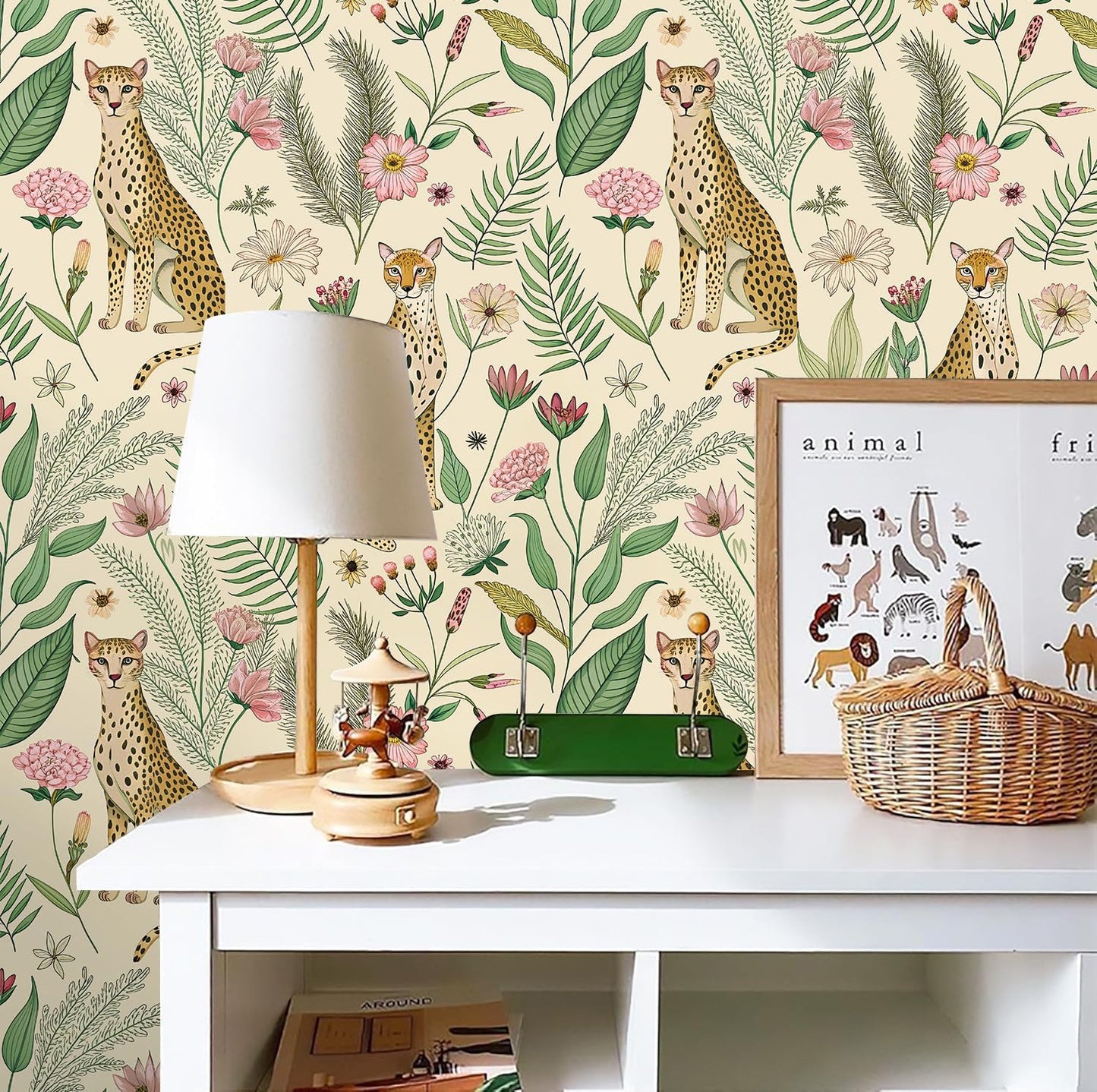 Floralplus Peel and Stick Wallpaper Leopard Jungle Removable Wallpaper for Bathroom Renter Friendly Wallpapers Self Adhesive Animal Floral Contact Paper for Accent Wall 17.5 x 118 in