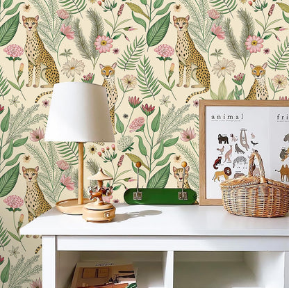 Floralplus Peel and Stick Wallpaper Leopard Jungle Removable Wallpaper for Bathroom Renter Friendly Wallpapers Self Adhesive Animal Floral Contact Paper for Accent Wall 17.5 x 118 in