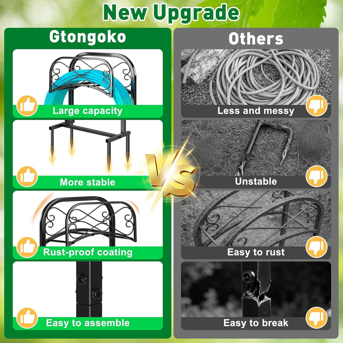 Gtongoko Garden Hose Holder for Outside 43" Heavy Duty Freestanding Water Hose Holder with 4 Stable Spikes Metal Hose Stand Holds Up to 150FT Hose & 44LB Detachable Hose Storage for Yard Lawn Patio