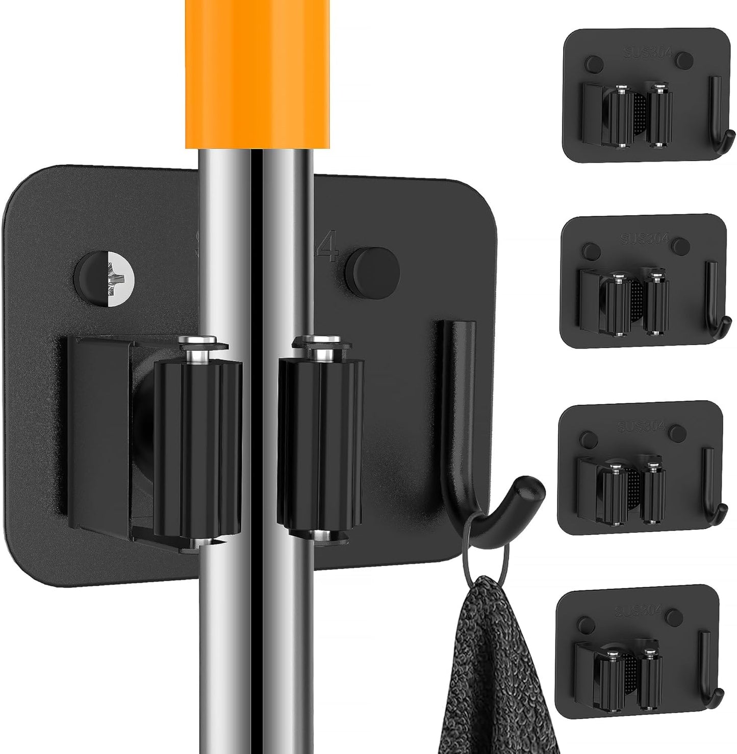 4 Pack Stainless Steel Mop and Broom Gripper with Hook, Screw Drilling or Self Adhesive Mop and Broom Holder Wall Mount, Storage Rack for Closet Laundry Garage Garden Tool Organizer, Silver