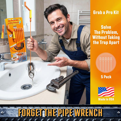 FlexiSnake Pro Drain Weasel Sink Snake Cleaner with New Molded Tip - 18″ - Drain Snake Clog Remover Tool with Rotating Handle & 5 Wand Refills - Easy to Use on Drains & Grates - Made in USA - 5-Pack