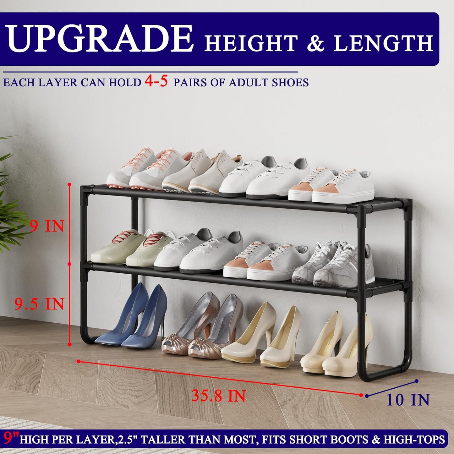 Long Shoe Rack, 3-Tier Stackable Shoe Organizer for Closet, Entryway, Hallway, Extra Bottom Layer, Holds 16-20 Pairs, Sturdy & Durable Waterproof Fabric Shelf, Space-Saving,Black(35.8" Wide)