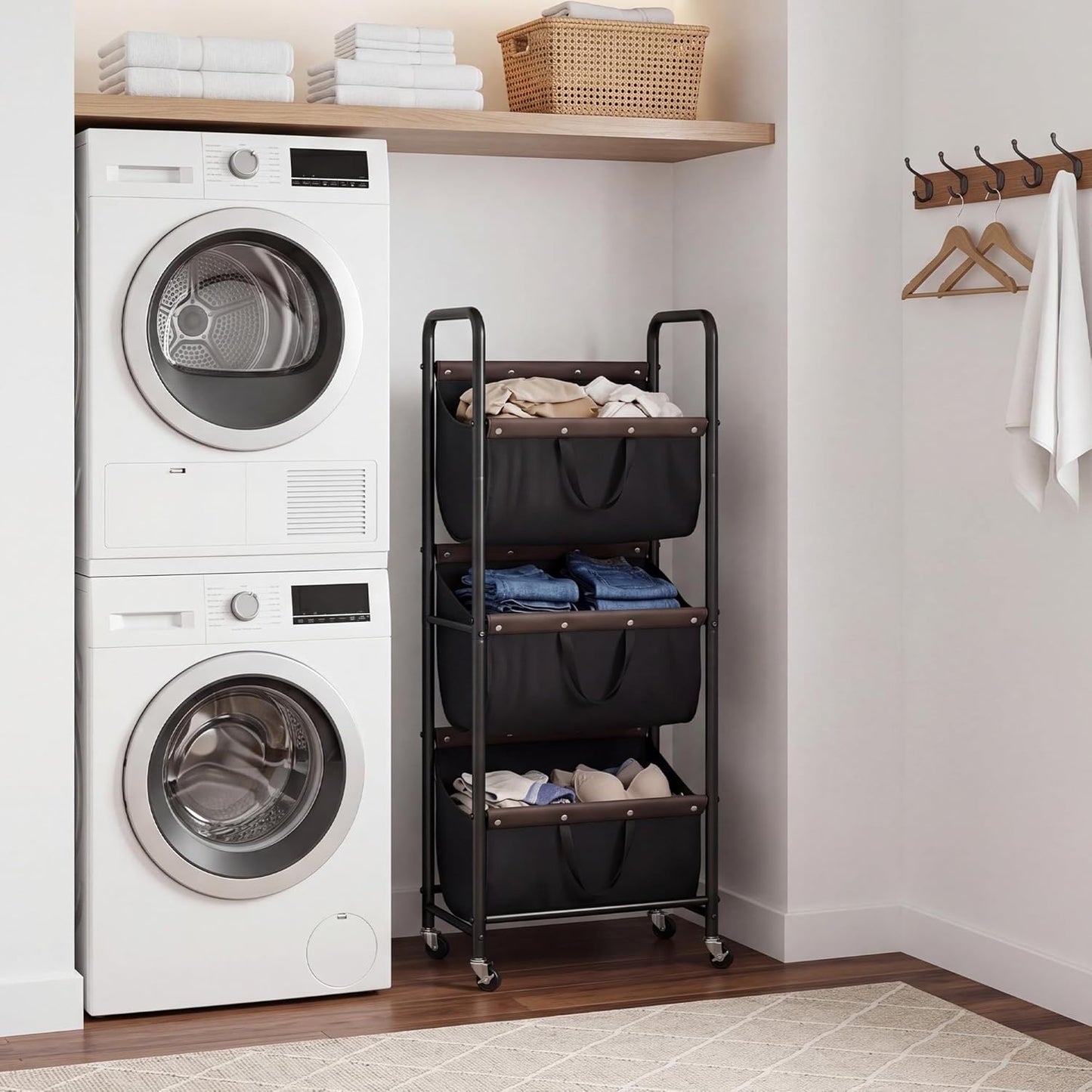 GRANNY SAYS 3 Section Tiered Laundry Sorter, Slim Vertical Laundry Hamper with Wheels, Narrow Rolling Laundry Cart with Removable Bags for Laundry Room, Bathroom, Closet, Dorm, Beige