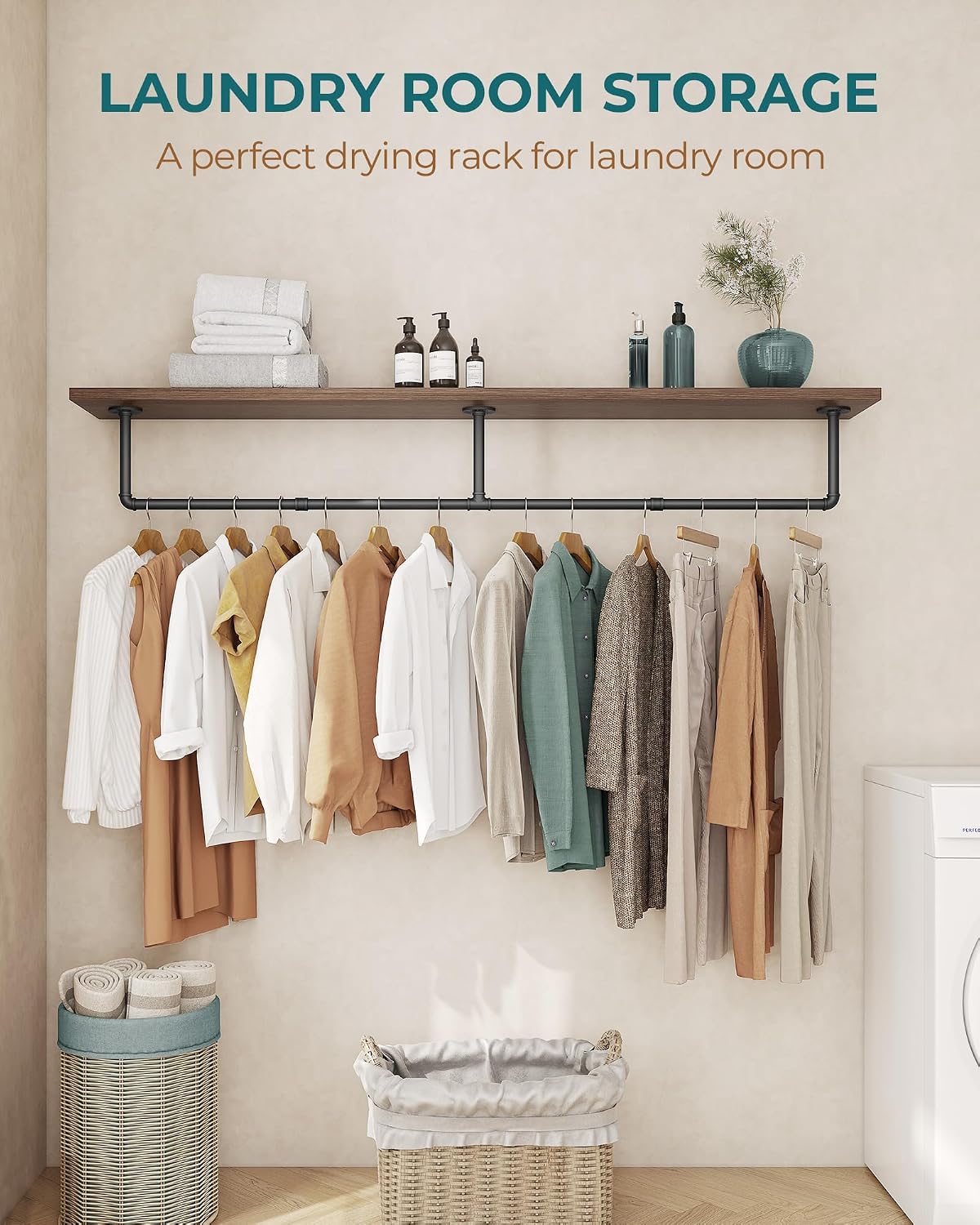 OROPY 65.7" Heavy Duty Industrial Pipe Clothes Rack for Hanging Clothes | Wall Mounted Clothes Bar, Space Saving Iron Garment Rack, Multi-Purpose Hanging Rod for Bedroom, Closet, Black, 3 Base