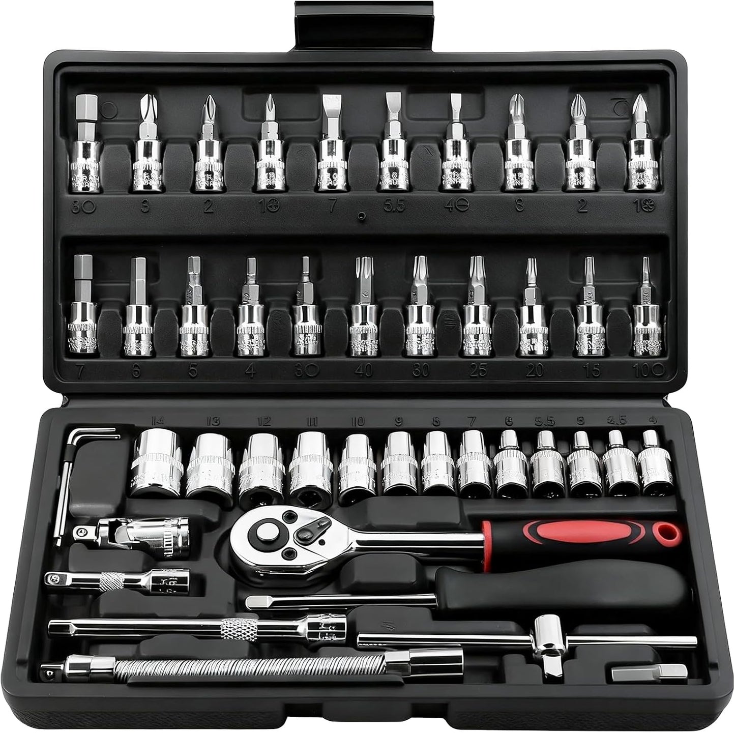 Egofine 46 Pieces 1/4 inch Drive Socket Ratchet Wrench Set, with Bit Socket Set Metric and Extension Bar for Auto Repairing and Household, with Storage Case