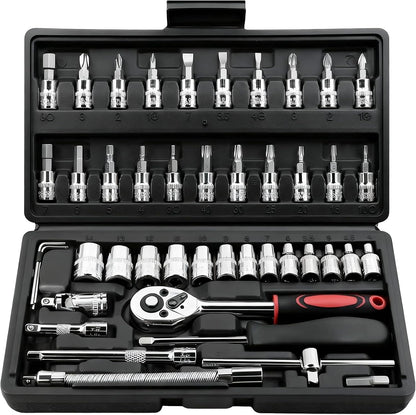 Egofine 46 Pieces 1/4 inch Drive Socket Ratchet Wrench Set, with Bit Socket Set Metric and Extension Bar for Auto Repairing and Household, with Storage Case