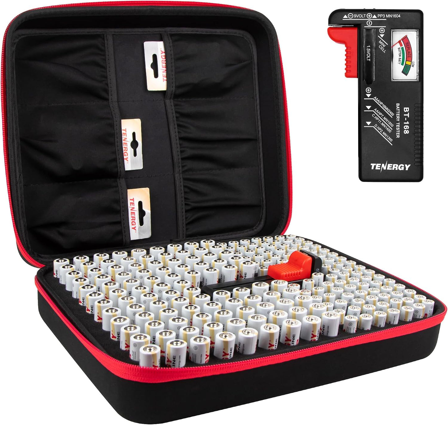 Tenergy Alkaline Batteries & Storage Case, 24xAAs, 24xAAAs, 4xC Size, 4xD Size, 4x9V Size Batteries, and Battery Organizer Case