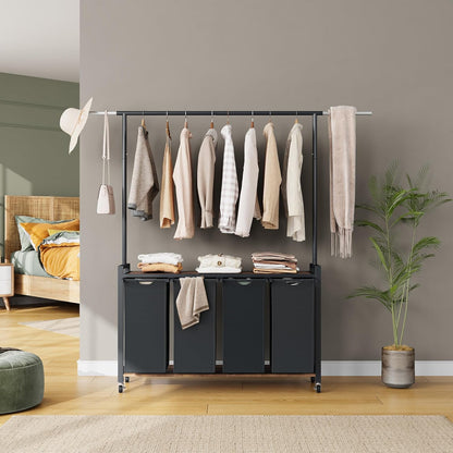 Laundry Basket Organizer, 2 Section Laundry Sorter with Lockable Wheels, Rolling Laundry Hamper with Hanging Rack & Shelf, Folding Station for Laundry Room, Bedroom, Bathroom, Dorm, Closet Storage