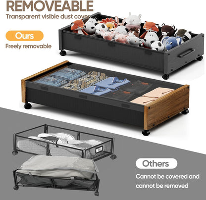 KITHELP Under Bed Storage Containers with Wheels, 2 Pack Underbed Shoe Storage Organizer with Removable Lids, Large Rolling Under Bed Storage Dresser Drawers for Clothes Toys Shoes Blankets