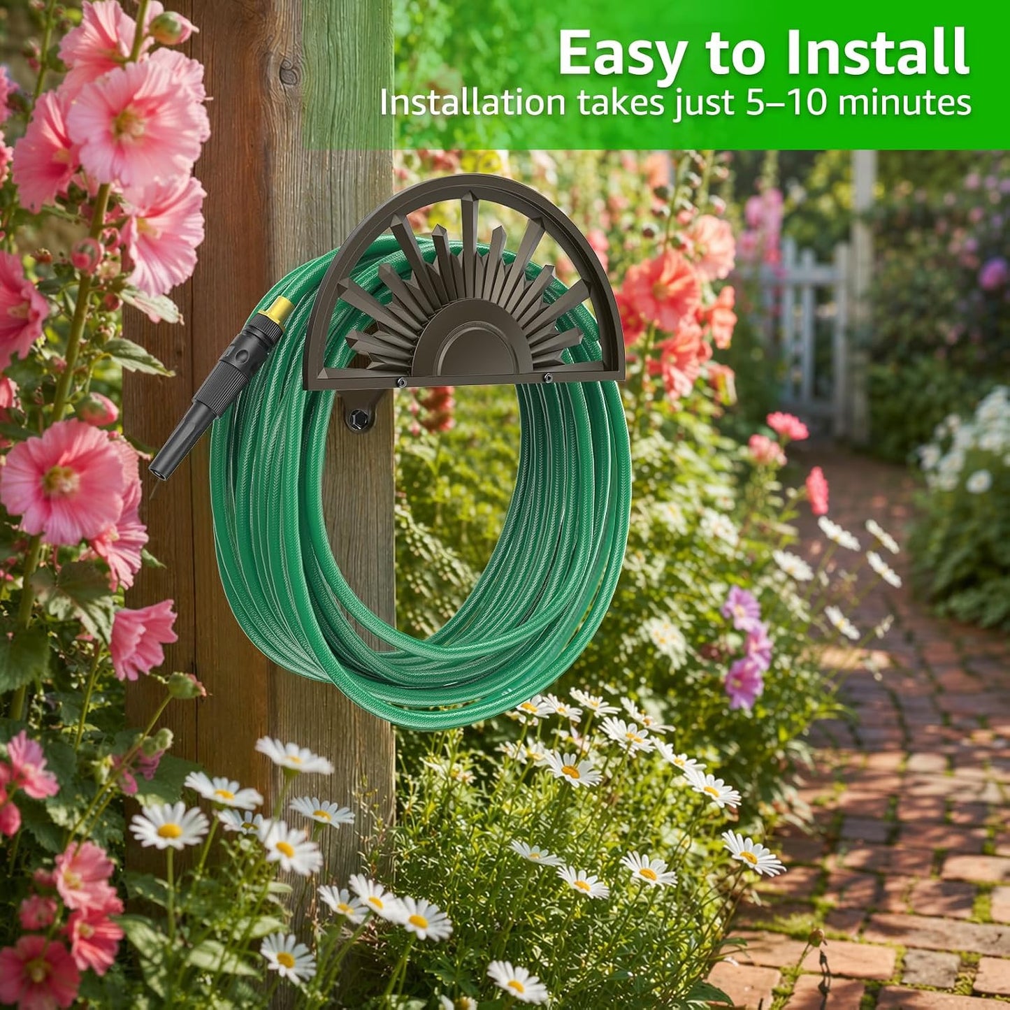 GOFORWILD Garden Hose Holder Holds 125-Feet of 5/8-Inch Hose Guage Steel | Decorative Hose Hanger Wall Mounted for Outside Yard Lawn Farm Heavy Duty Gift