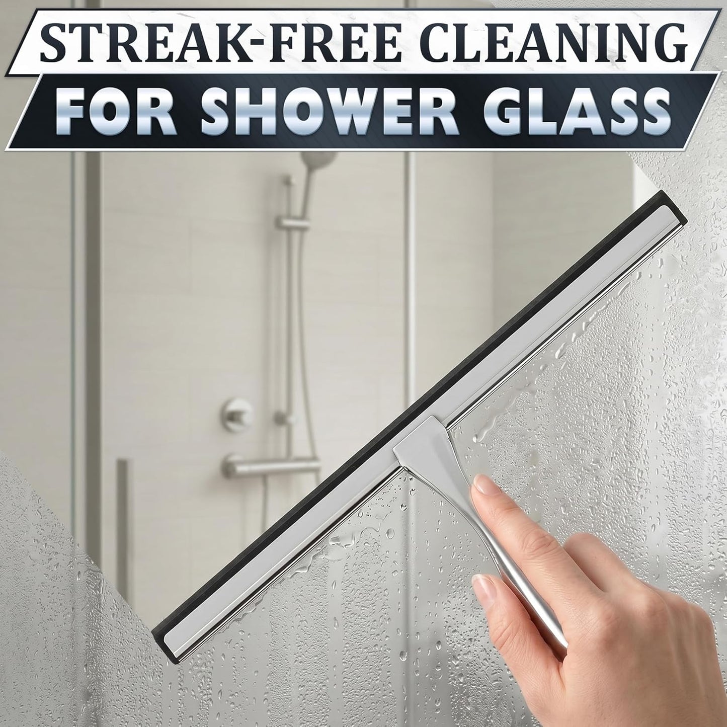 Shower Door Squeegee with Adhesive & Hanging Hooks, 12" Silicone Blade - Stainless Steel All-Purpose Squeegee for Shower Glass, Bathroom Mirror Cleaner Tool Suitable for Tile Walls - Multi-Surface Use
