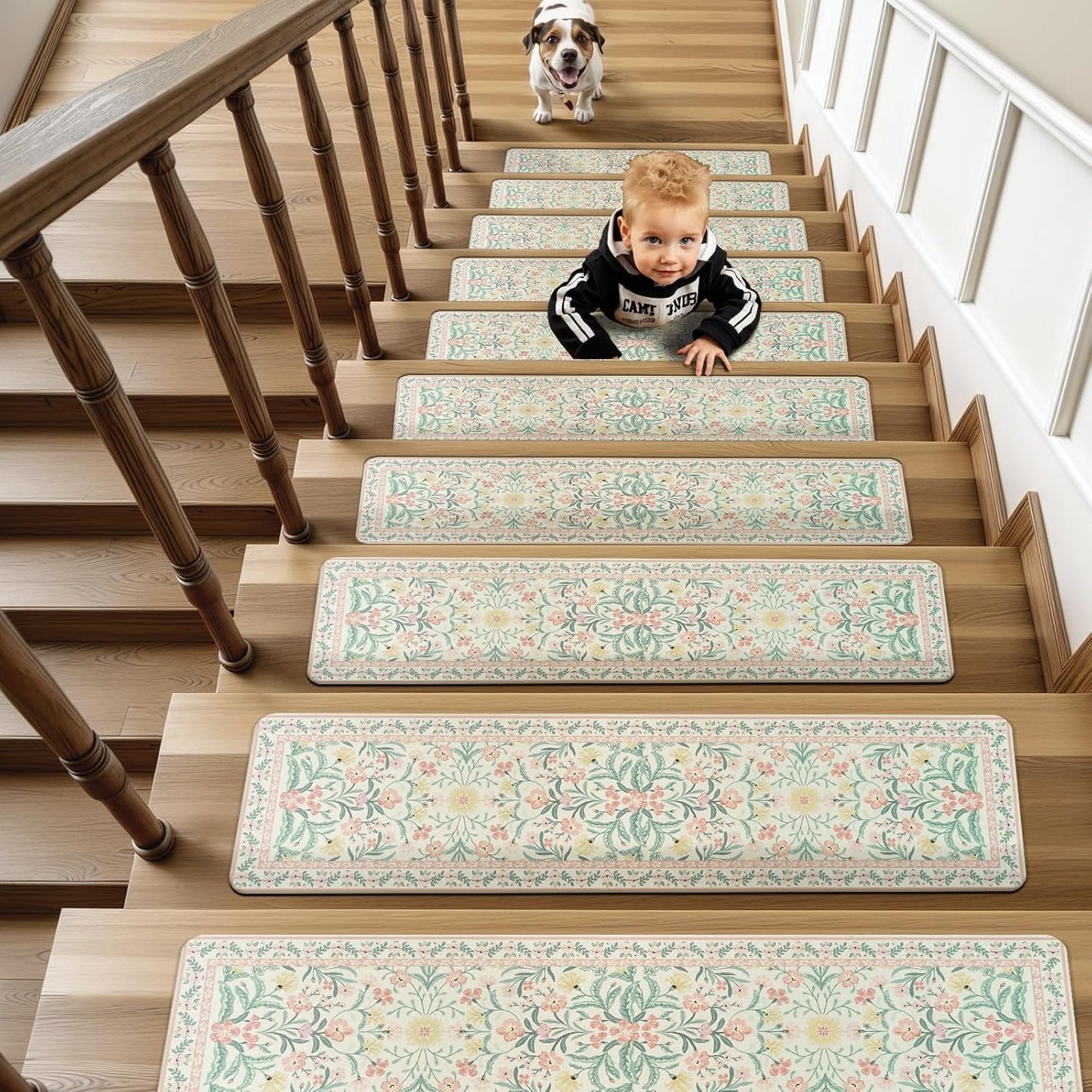 OJIA Floral Stair Treads Non-Slip Stair Runner for Wooden Steps Indoor 15PCS 30"x8" Carpet Stair Treads Stair Mats Staircase Step Treads for Kids, Elders and Dogs, Stair Covers, Black