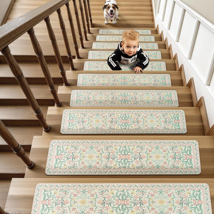 OJIA Floral Stair Treads Non-Slip Stair Runner for Wooden Steps Indoor 15PCS 30"x8" Carpet Stair Treads Stair Mats Staircase Step Treads for Kids, Elders and Dogs, Stair Covers, Black