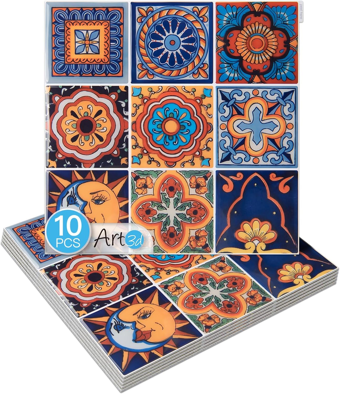Art3d Talavera Hand-painted Waterproof Peel and Stick Backsplash Tile for Kitchen & Living Room, Sun & Moon Floral Design - 10-Pack of 12 x 12 Inch