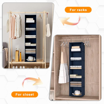 Hanging Closet Organizer 3-Shelf, Oxford Fabric Wardrobe Storage, Gray | Easy-mount foldable design holds clothes, handbags, shoes & accessories; washable Oxford fabric, sturdy and space-saving.
