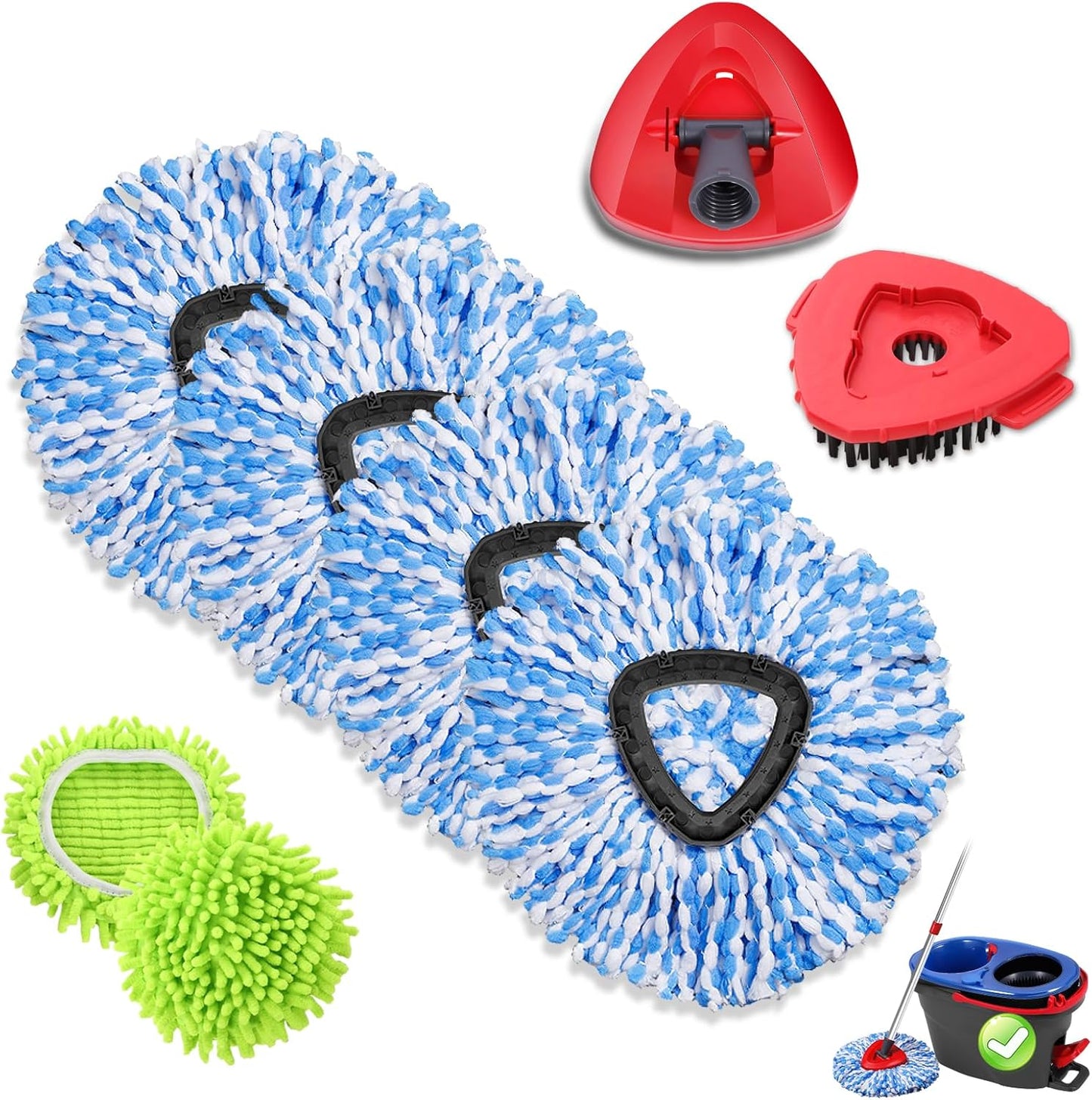 Spin Mop Head Refills Compatible with OCedar RinseClean 2-Tank System - 6-in-1 Kit Includes 4 Microfiber Replacement Heads, 1 Mop Base & 1 Scrub Brush - Machine Washable Floor Cleaning Set