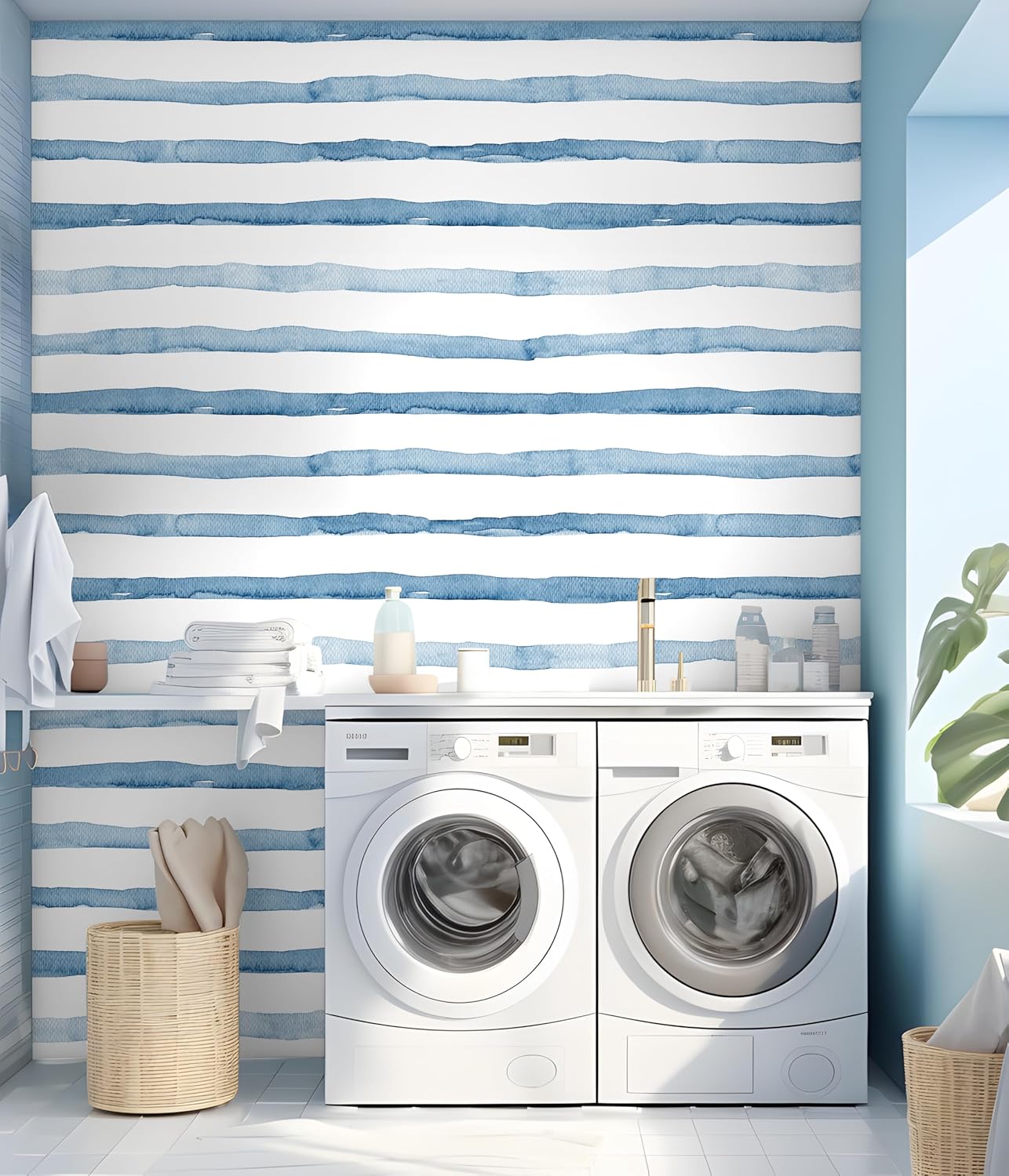 HAOKHOME Blue Wallpaper Peel and Stick Wall Paper Striped Coastal Boho Removable Indigo Blue/White Vinyl Self Adhesive for Bathroom Decor 17.7in x 32.8ft
